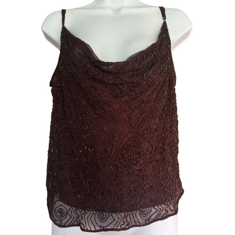Vintage Y2K Brown Hand Beaded Silk-Lined Cami Tank Too Boho Glam Newport News XL